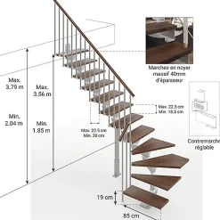 Matisere Escalier Quart Tournant<Escalier quart tournant 16 marches - Hauteur à franchir de 3.15 à 3.79m - Largeur 85cm - Limon central - Noyer et anthracite -