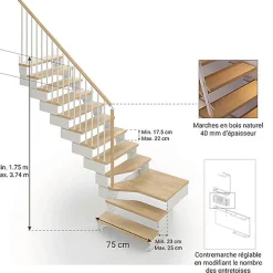 Matisere Escalier Quart Tournant<Escalier quart tournant 15 marches - Hauteur à franchir de 2.80 à 3.52m - Largeur 75cm - Bois et blanc - Rampe verticale -