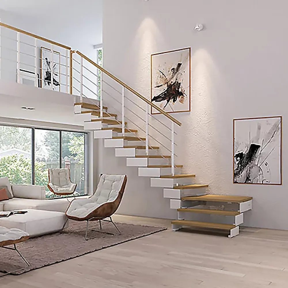 Matisere Escalier Quart Tournant<Escalier quart tournant 15 marches - Hauteur à franchir de 2.80 à 3.52m - Largeur 75cm - Bois et blanc - Rampe verticale -