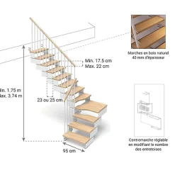 Matisere Escalier Quart Tournant<Escalier quart tournant 9 marches - Hauteur à franchir de 1.95 à 2.20m - Largeur 95 cm - Bois et blanc - Rampe horizontale -