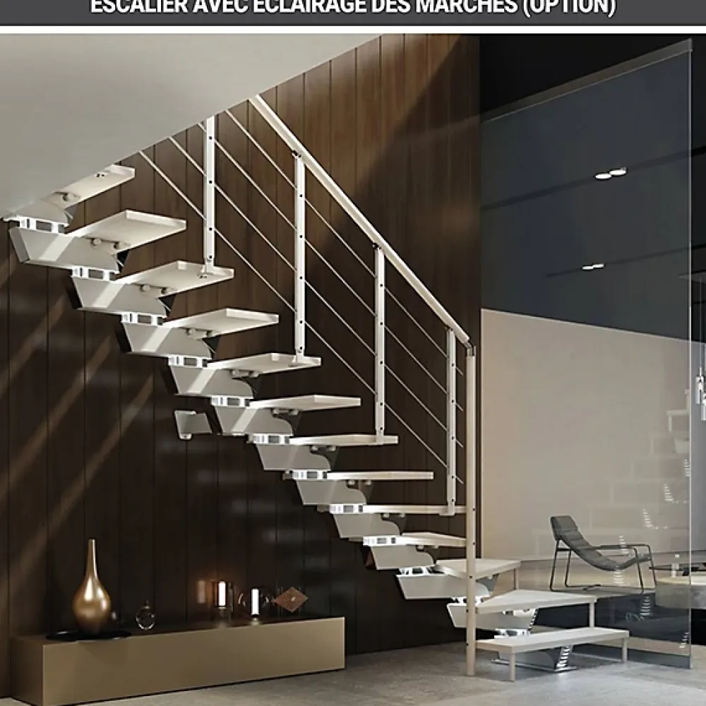 Matisere Escalier Quart Tournant<Escalier quart tournant 10 marches - Hauteur à franchir de 2.04 à 2.44m - Largeur 95cm - Limon central - Bois et blanc -