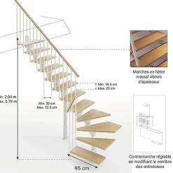 Matisere Escalier quart tournant 11 marches - Hauteur à franchir de 2.23 à 2.66m - Largeur 95cm - Limon central - Bois et blanc -- Escalier Quart Tournant