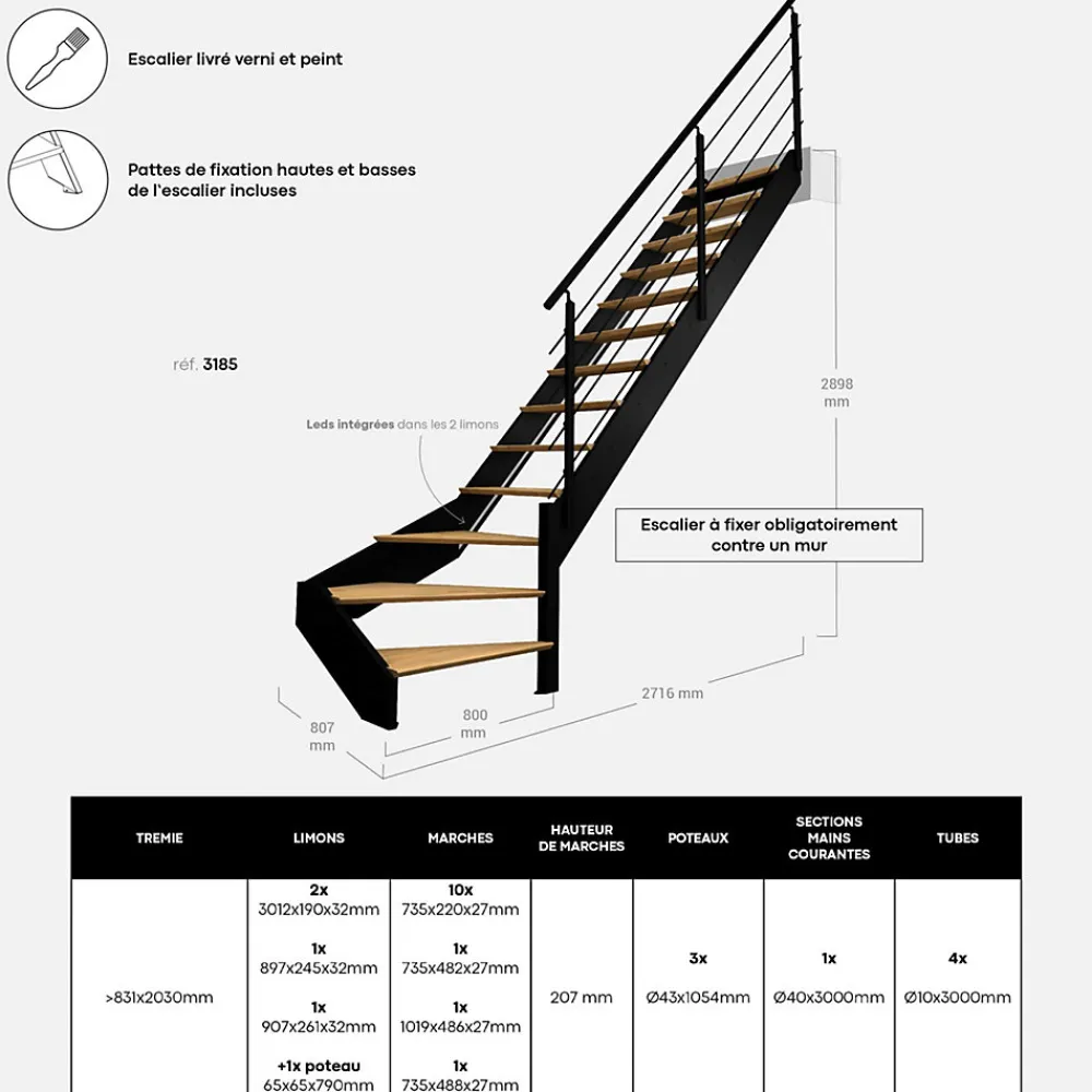 Kordo Escalier Quart Tournant<Escalier quart-tournant droit noir avec garde-corps à LED intégrées, Spectra