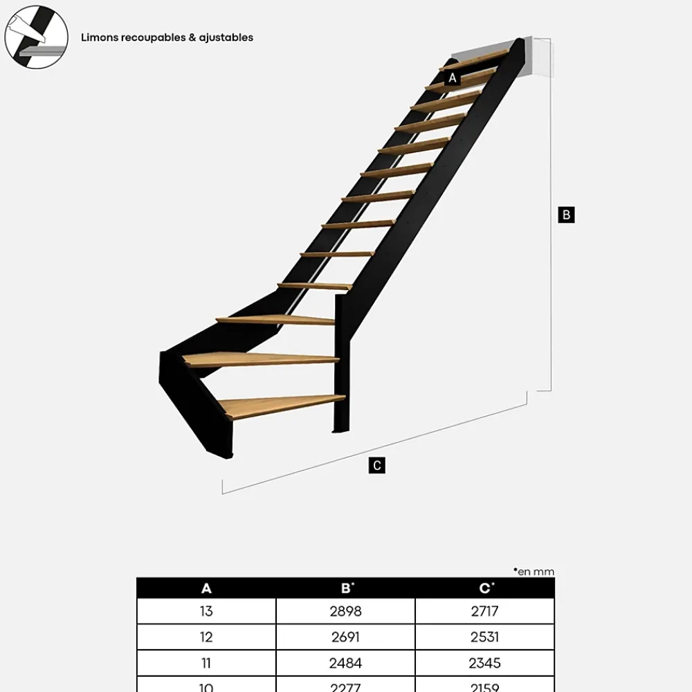 Kordo Escalier Quart Tournant<Escalier quart-tournant droit noir avec garde-corps à LED intégrées, Spectra