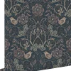 Estahome Papier Peint<papier peint fleurs et oiseaux bleu foncé et vieux rose - 53 cm x 10.05 m - 139832