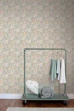Estahome papier peint fleurs bleu grisâtre, rose terracotta et vert - 53 cm x 10.05 m - 139837- Papier Peint