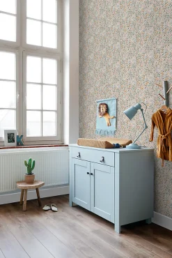 Estahome papier peint fleurs bleu grisâtre, rose terracotta et vert - 53 cm x 10.05 m - 139837- Papier Peint