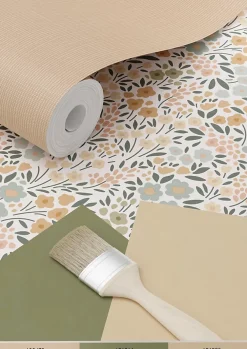 Estahome papier peint fleurs bleu grisâtre, rose terracotta et vert - 53 cm x 10.05 m - 139837- Papier Peint