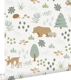 Estahome Papier Peint<papier peint forêt avec des animaux de la forêt blanc - 53 cm x 10.05 m - 139247
