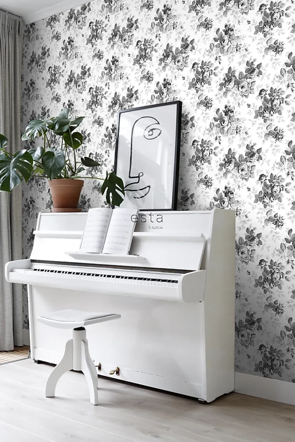 Estahome papier peint roses noir et blanc - 53 cm x 10.05 m - 138112- Papier Peint
