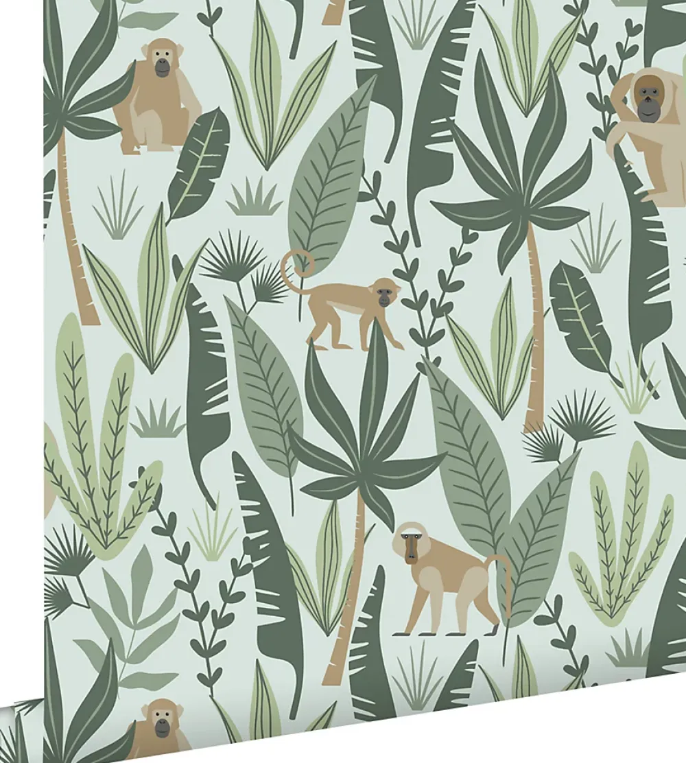 Estahome Papier Peint<papier peint singes de la jungle vert menthe et vert foncé - 53 cm x 10.05 m - 139073