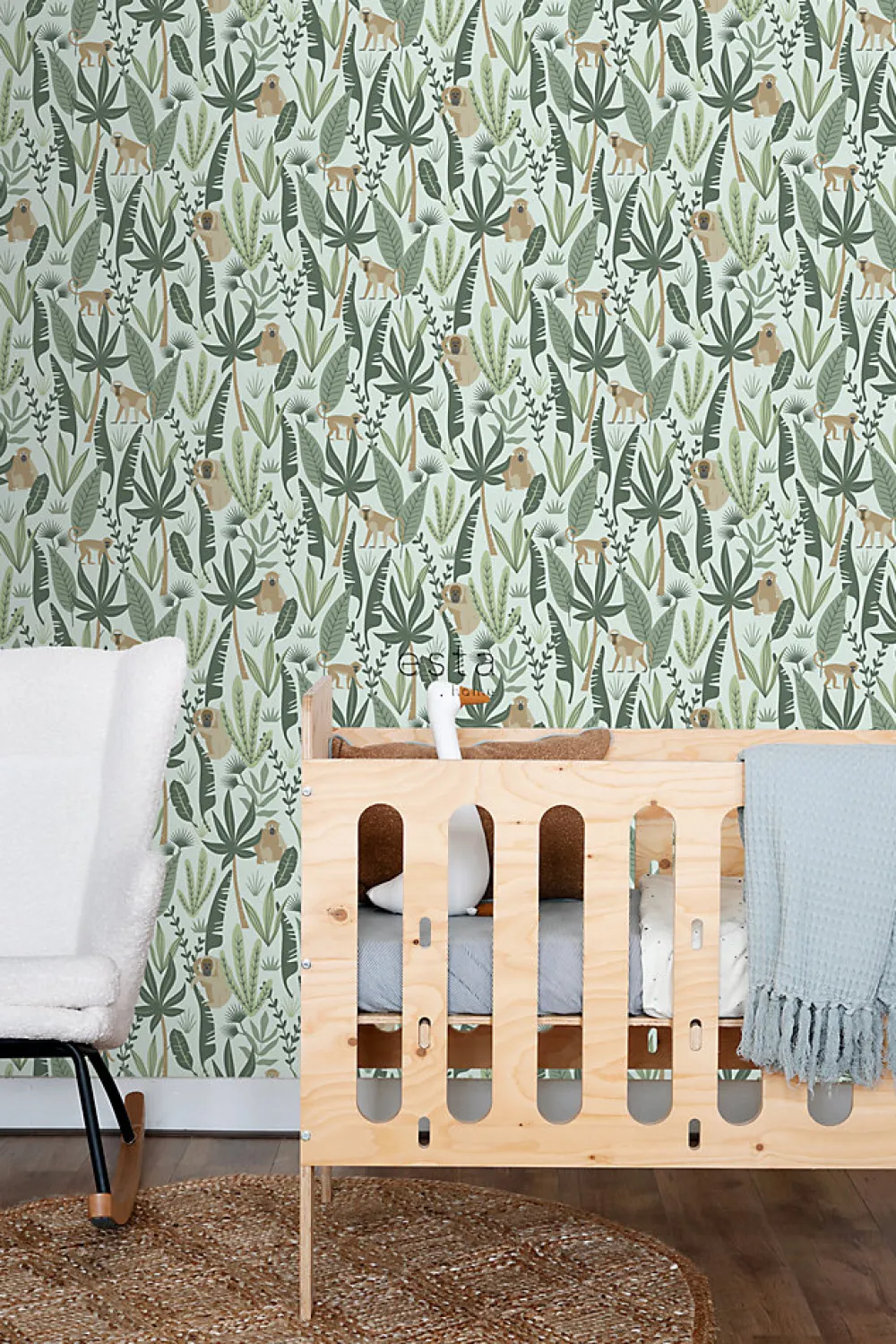 Estahome Papier Peint<papier peint singes de la jungle vert menthe et vert foncé - 53 cm x 10.05 m - 139073
