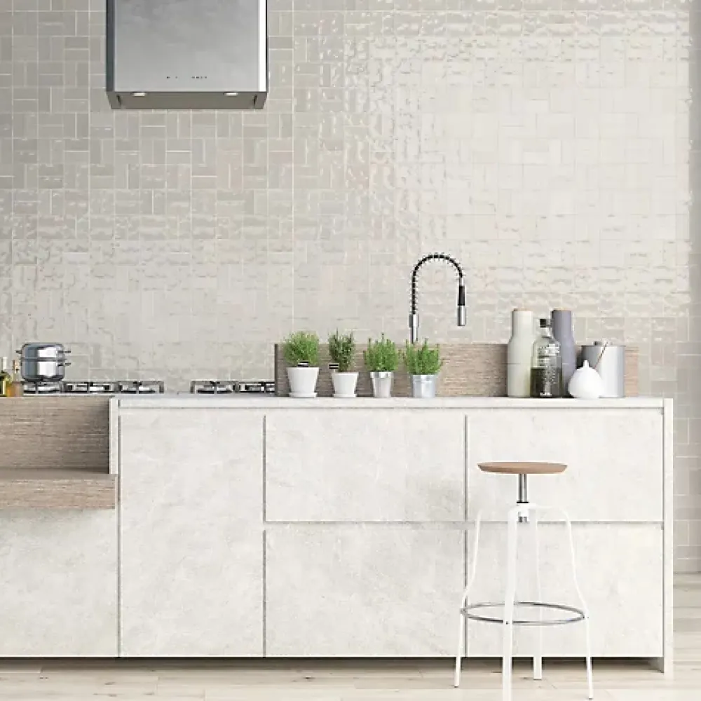 Les Carreaux De Jean Faïence Effet Zellige Gris Clair FEZ Brillant 6,2x12,5 Warm - Les Carreaux de Jean- Faïence Pour Salle De Bains