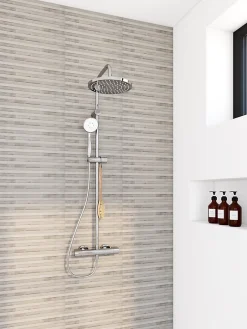 Faïence murale beige grisé décor 3D lames horizontales L.75 x l.25 cm x ép.9,5 mm, Anduin- Carrelage Mural Pour Douche|Carrelage Mural Pour Wc