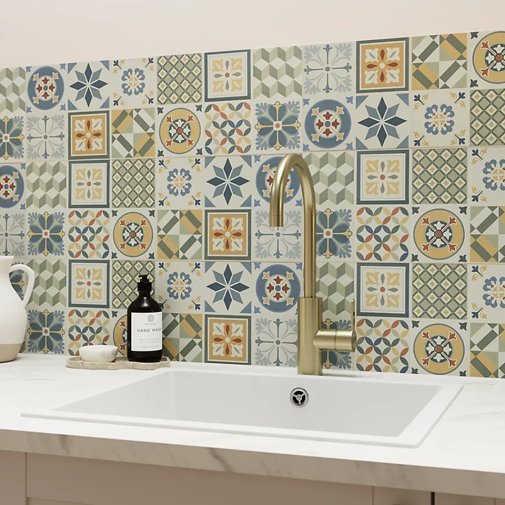 GoodHome Carrelage Mural Pour Wc|Faïence Effet Carreaux De Ciment<Faïence murale effet carreaux de ciment tons beiges et bleus L.60 x l.20 cm x ép.8,3 mm, Konkrete