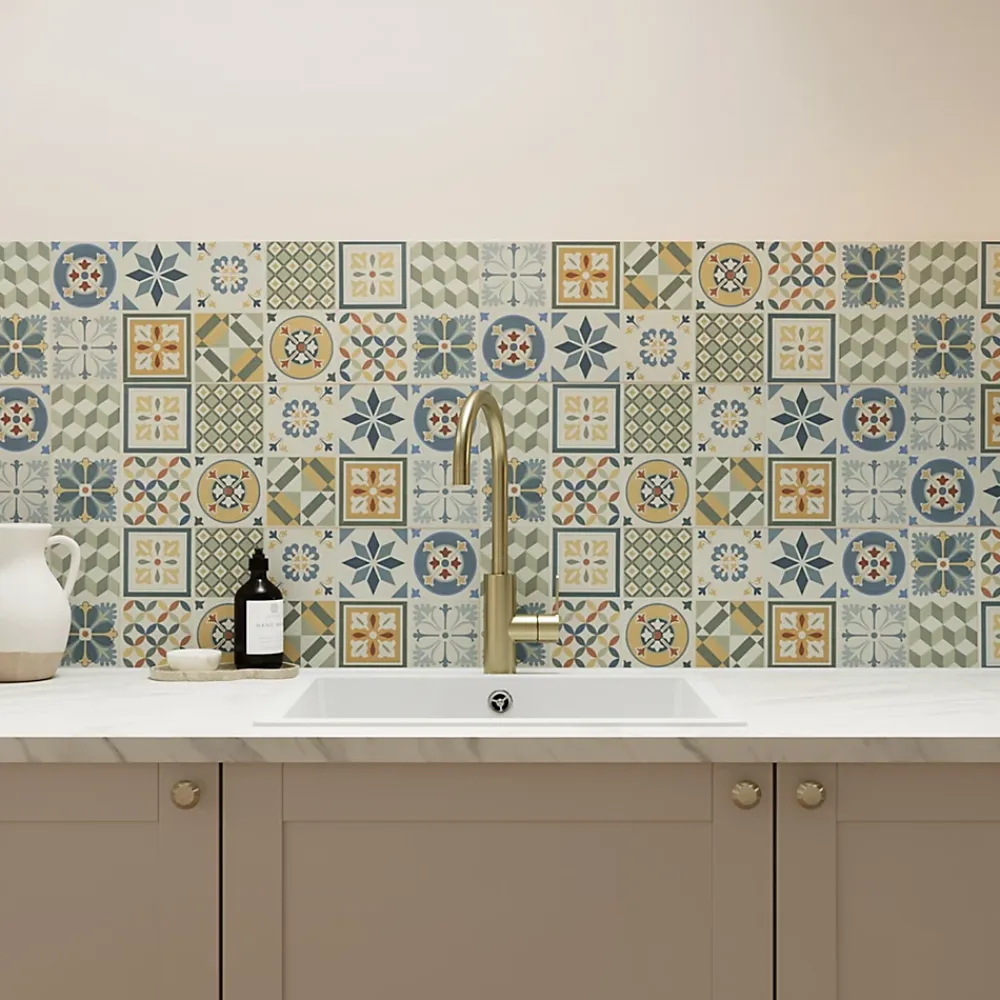 GoodHome Carrelage Mural Pour Wc|Faïence Effet Carreaux De Ciment<Faïence murale effet carreaux de ciment tons beiges et bleus L.60 x l.20 cm x ép.8,3 mm, Konkrete