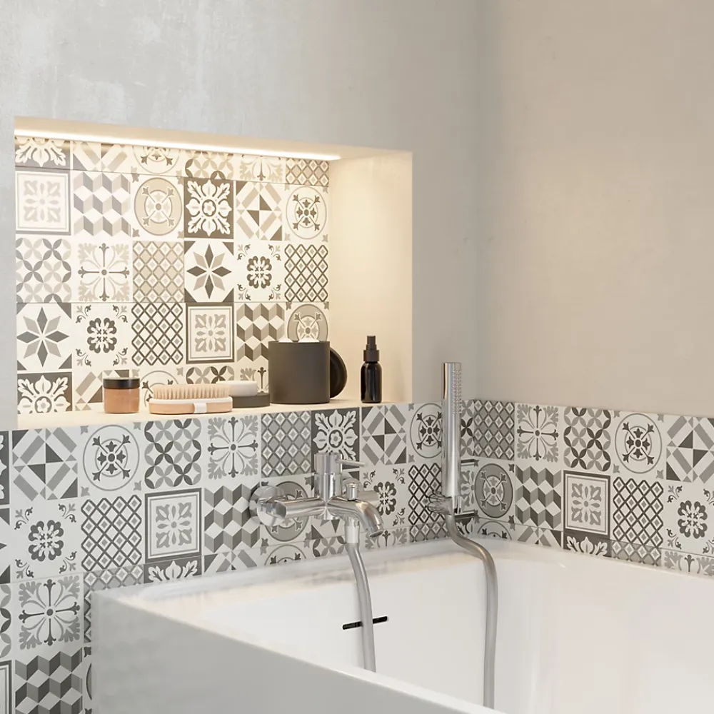 GoodHome Faïence Effet Carreaux De Ciment|Carrelage Mural Pour Douche<Faïence murale effet carreaux de ciment tons noirs et blancs L.60 x l.20 cm x ép.8,3 mm, Konkrete