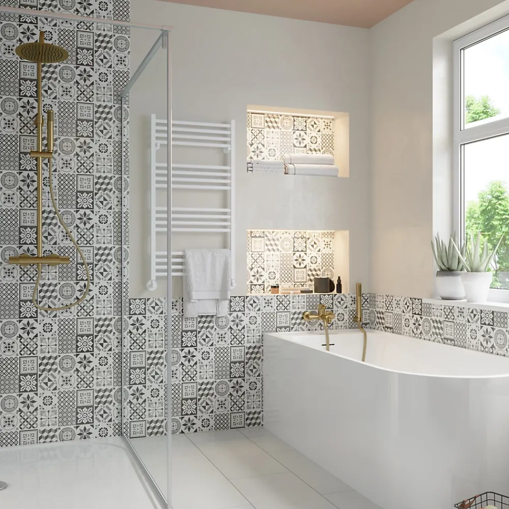 GoodHome Faïence Effet Carreaux De Ciment|Carrelage Mural Pour Douche<Faïence murale effet carreaux de ciment tons noirs et blancs L.60 x l.20 cm x ép.8,3 mm, Konkrete