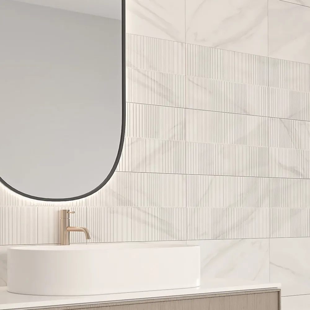 Ecoceramic Faïence murale effet marbre blanc brillant décor texturé L.60 x l.30 cm x ép.7 mm, Celena- Faïence Pour Pièce À Vivre|Carrelage Mural Effet Marbre