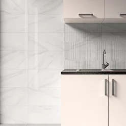 Ecoceramic Faïence murale effet marbre blanc brillant décor texturé L.60 x l.30 cm x ép.7 mm, Celena- Faïence Pour Pièce À Vivre|Carrelage Mural Effet Marbre