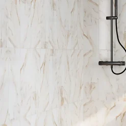 GoodHome Faïence murale effet marbre blanc et doré brillant L.60 x l.20 cm x ép.9,4 mm, Aruma- Faïence Effet Marbre|Carrelage Mural Pour Douche