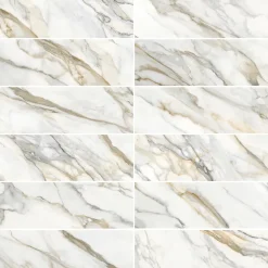 GoodHome Faïence Effet Marbre|Carrelage Mural Effet Marbre<Faïence murale effet marbre brillant blanc et doré L.90 x l.30 cm x ép.8,7 mm, Oazis