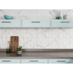 Faïence murale intérieur effet marbre blanc mat décor 3D L.60 x l.30 cm, Pune- Mosaïque Pour Douche|Mosaïque Pour Wc