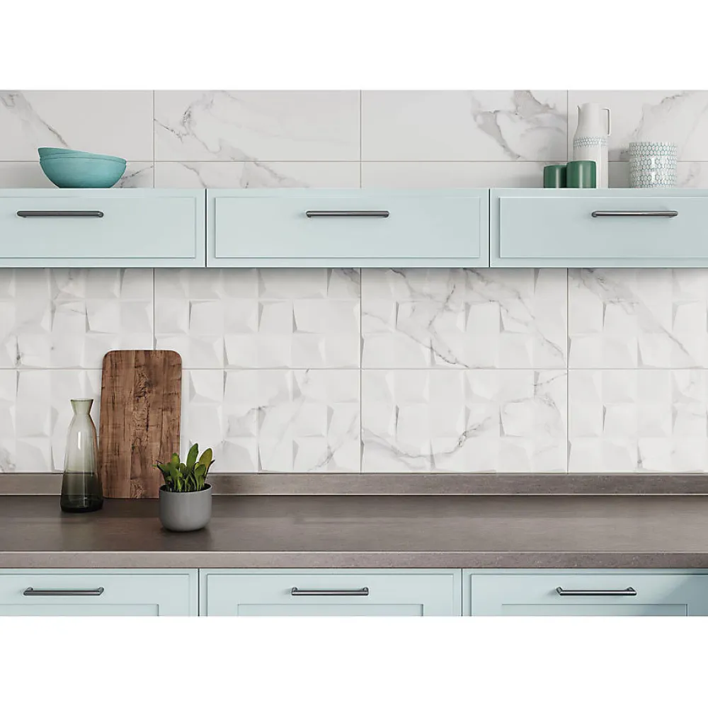 Faïence murale intérieur effet marbre blanc mat décor 3D L.60 x l.30 cm, Pune- Mosaïque Pour Douche|Mosaïque Pour Wc