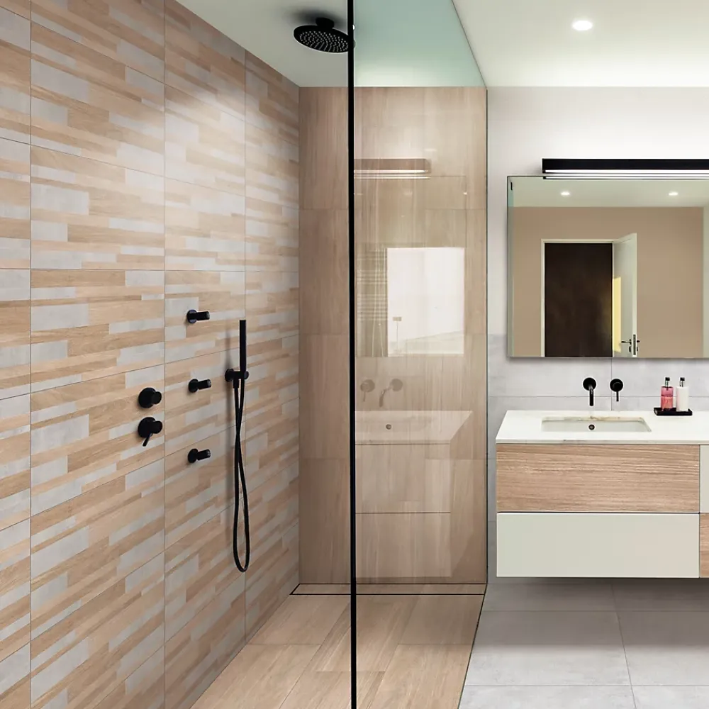 Carrelage Mural Effet Bois<Faïence murale intérieur effet bois et béton L.60 x l.30 cm x ép.8,2 mm, Tendance