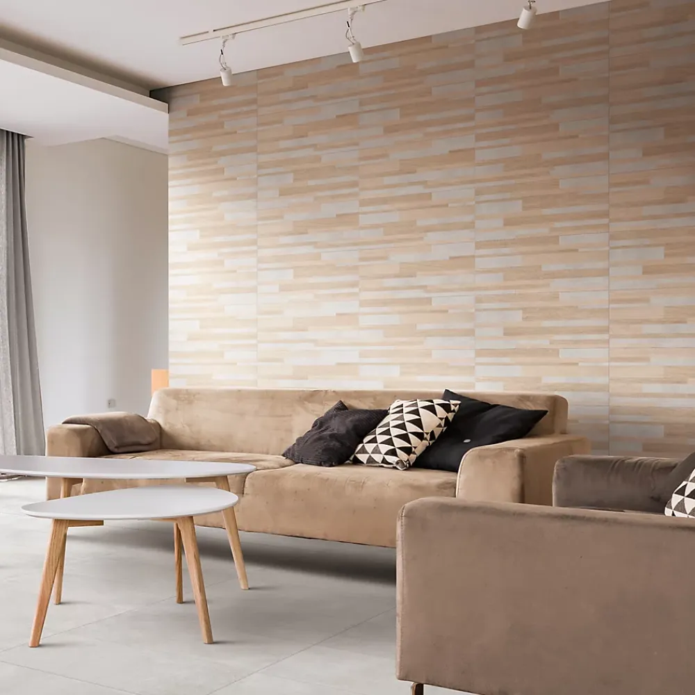 Carrelage Mural Effet Bois<Faïence murale intérieur effet bois et béton L.60 x l.30 cm x ép.8,2 mm, Tendance