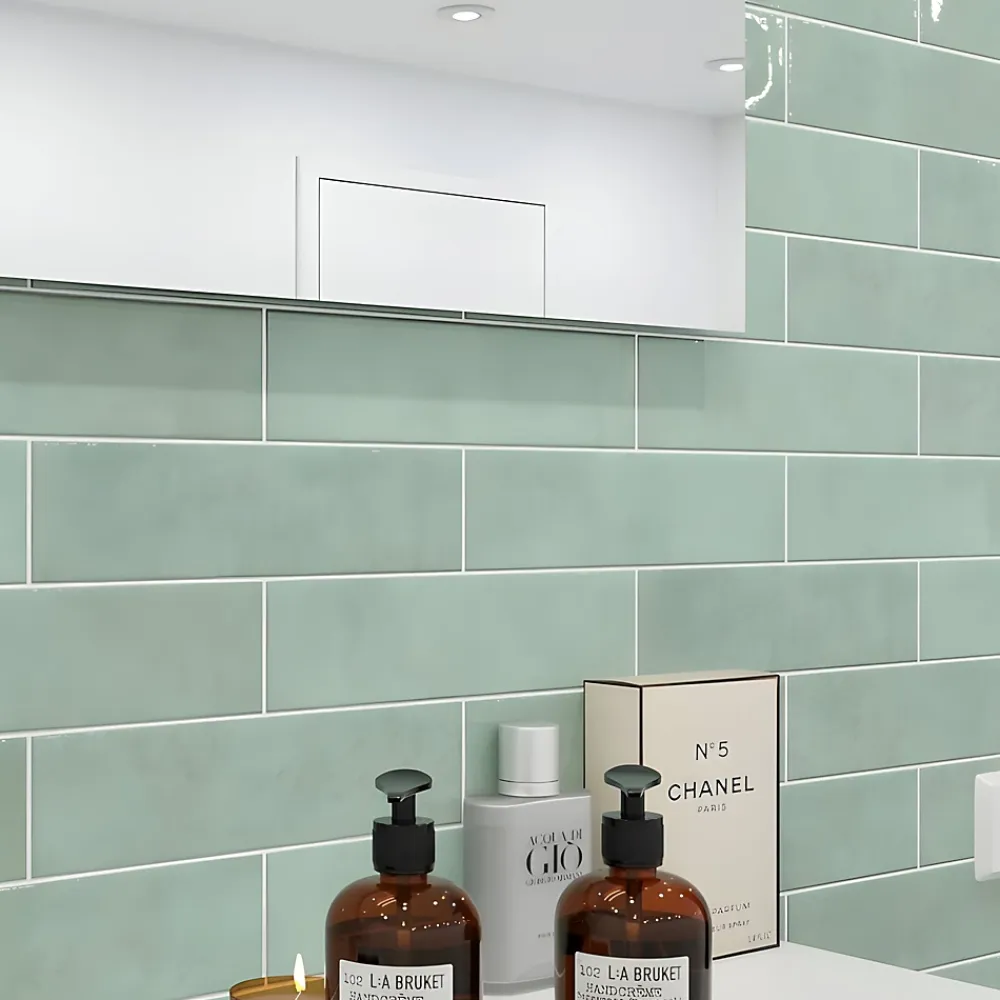 Faïence murale vert d'eau effet terre cuite brillant L.30 x l.7,5 cm, Vernissea- Faïence Pour Douche|Faïence Pour Cuisine