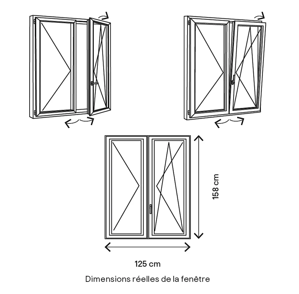 GoodHome Fenêtre Pvc<Fenêtre 2 vantaux oscillo-battante, tirant droit double vitrage en PVC blanc l.125 x H.158 cm