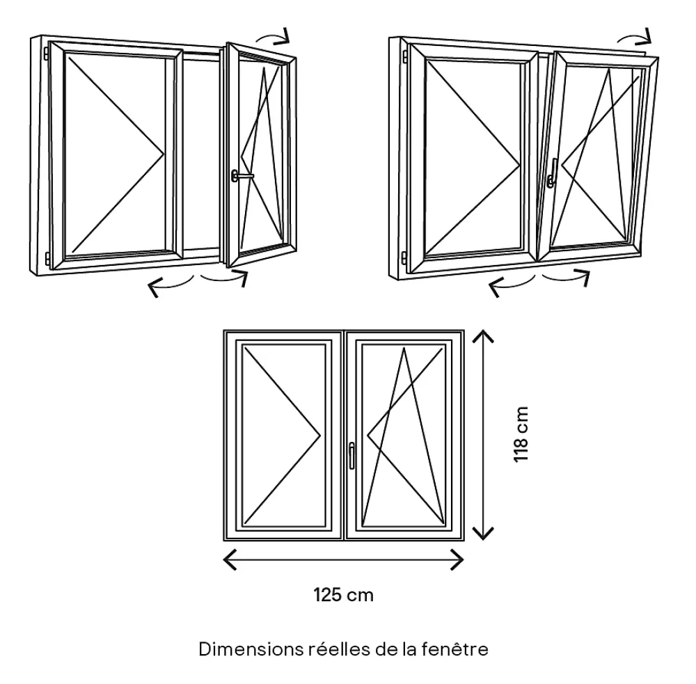 GoodHome Fenêtre Pvc<Fenêtre 2 vantaux oscillo-battante, tirant droit double vitrage en PVC blanc l.125 x H.118 cm