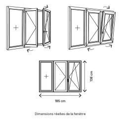 GoodHome Fenêtre Pvc<Fenêtre 3 vantaux oscillo-battant double vitrage en PVC blanc l.185 x H.138 cm