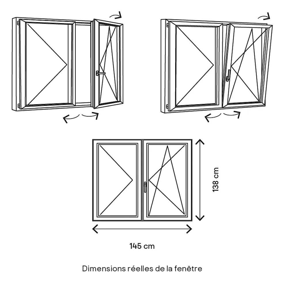 GoodHome Fenêtre Pvc<Fenêtre 2 vantaux oscillo-battante, tirant droit double vitrage en PVC blanc l.145 x H.138 cm
