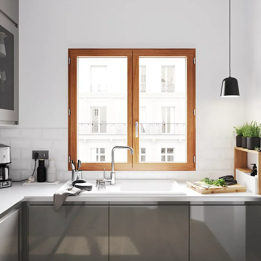 GoodHome Fenêtre 2 vantaux tirant droit double vitrage en bois marron l.145 x H.137,8 cm- Fenêtre Bois