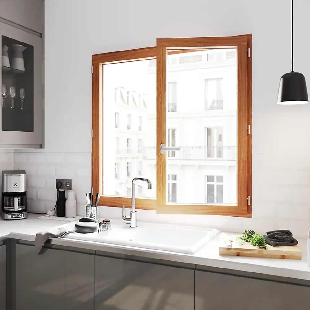 GoodHome Fenêtre 2 vantaux tirant droit double vitrage en bois marron l.125 x H.117,8 cm- Fenêtre Bois