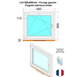 Hexa’Fen Fenêtre PVC - LxH 900x800 mm -Triple Vitrage - Bicolore blanc int/anthracite ext-poignée à droite- Fenêtre Pvc