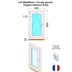 Hexa’Fen Fenêtre Pvc<Fenêtre PVC - LxH 500x900 mm -Triple Vitrage - Blanc -poignée à droite