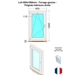 Hexa’Fen Fenêtre Pvc<Fenêtre PVC - LxH 600x1000 mm -Triple Vitrage - Bicolore blanc int/anthracite ext-poignée à droite
