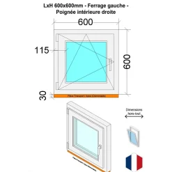 Hexa’Fen Fenêtre PVC - LxH 600x600 mm -Triple Vitrage - Blanc -poignée à droite- Fenêtre Pvc