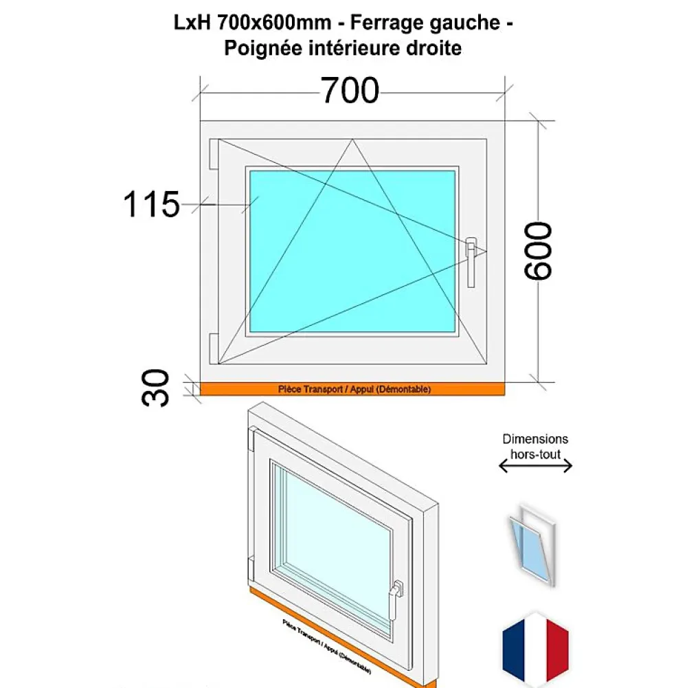 Hexa’Fen Fenêtre Pvc<Fenêtre PVC - LxH 700x600 mm -Triple Vitrage - Bicolore blanc int/anthracite ext-poignée à droite