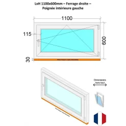 Hexa’Fen Fenêtre PVC - LxH 1100x600 mm -Triple Vitrage - Blanc -poignée à gauche- Fenêtre Pvc