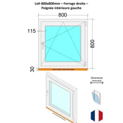 Hexa’Fen Fenêtre PVC - LxH 800x800 mm -Triple Vitrage - Blanc -poignée à gauche- Fenêtre Pvc
