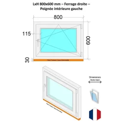 Hexa’Fen Fenêtre PVC - LxH 800x600 mm -Triple Vitrage - Bicolore blanc int/anthracite ext-poignée à gauche- Fenêtre Pvc