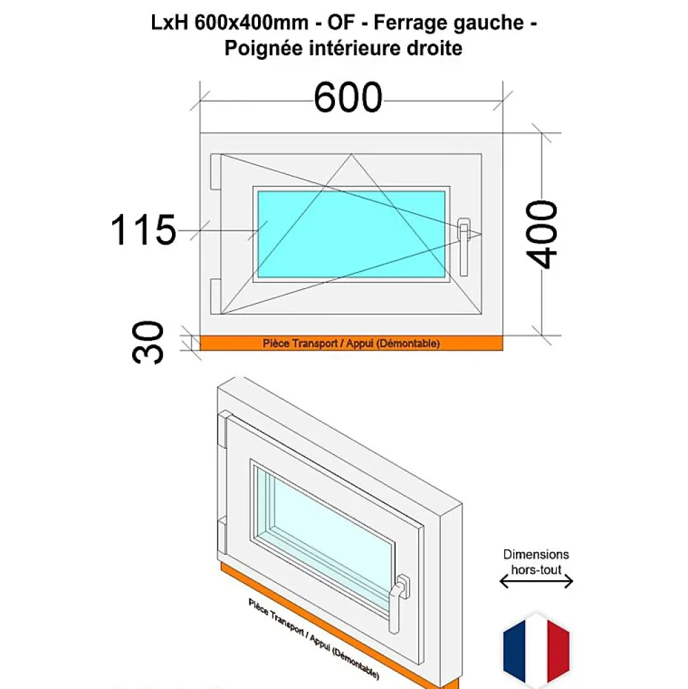 Hexa’Fen Fenêtre Pvc<Fenêtre PVC - LxH 600x400 mm -Triple Vitrage - Blanc -poignée à droite