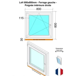 Hexa’Fen Fenêtre Pvc<Fenêtre PVC - LxH 800x800 mm -Triple Vitrage - Blanc -poignée à droite