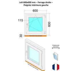 Hexa’Fen Fenêtre PVC - LxH 600x600 mm -Triple Vitrage - Blanc -poignée à gauche- Fenêtre Pvc