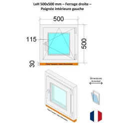 Hexa’Fen Fenêtre Pvc<Fenêtre PVC - LxH 500x500 mm -Triple Vitrage - Blanc -poignée à gauche