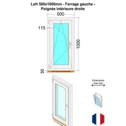 Hexa’Fen Fenêtre Pvc<Fenêtre PVC - LxH 500x1000 mm -Triple Vitrage - Blanc -poignée à droite